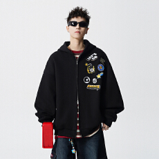 批发实拍<b class='q'>秋</b>冬新款潮牌刺绣贴标针织外套连帽开衫卫衣男女中性百搭款