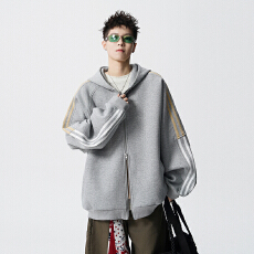 实拍秋冬新款潮牌重磅针织外套连帽开衫拼接撞色条卫衣男女中性款