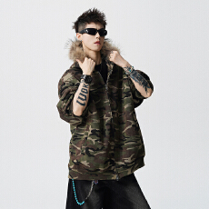实拍秋冬新款潮牌迷彩针织外套大毛领连帽开衫纯棉卫衣男女中性款