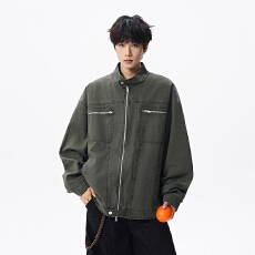 实拍秋冬新款潮牌复古全棉工装水洗做旧重磅立领夹克外套男