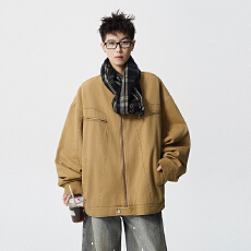 实拍秋冬新款潮牌复重磅全棉拼接工装水洗做旧立领夹克外套男