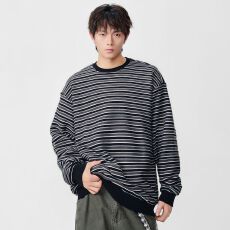 实拍2025秋冬新款潮牌日系条纹卫衣男复古宽松套头百搭圆领上衣