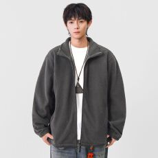 实拍2025秋冬新款开衫卫衣男日系复古立领外套百搭休闲潮牌情侣款