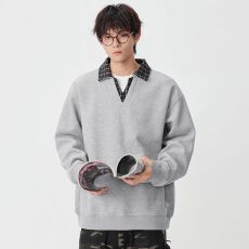 批发实拍2025<b class='q'>秋</b>冬新款翻领套头卫衣男日系复古潮牌v领打底衫情侣款