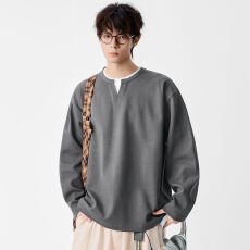 批发实拍2025<b class='q'>秋</b>冬新款长袖纯色假两件v领卫衣男宽松日系复古打底衫