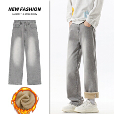 批发冬季新款加绒加厚保暖御寒牛仔裤男弹力直筒修身高街裤子