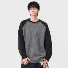 批发秋冬装重磅皮撞色针织毛衣<b class='q'>男士</b>日系潮流百搭宽松休闲懒惰风毛织