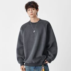 批发<b class='q'>秋</b>冬装圆领拼色拼接卫衣男日系简约宽松纯色复古百搭休闲体恤上衣