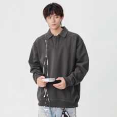 批发<b class='q'>秋</b>冬装新款翻领卫衣男拼接结构款纯色日系复古潮流宽松打底衫