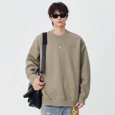 批发<b class='q'>秋</b>冬装圆领重磅全棉卫衣男日系简约刺绣宽松纯色复古百搭休闲上衣