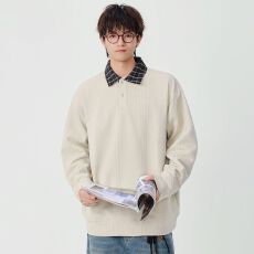 批发<b class='q'>秋</b>冬装新款翻领拼色卫衣男潮流宽松日系复古针织衫百搭休闲情侣款