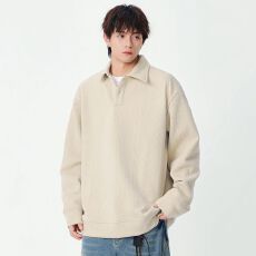 批发<b class='q'>秋</b>冬装Polo衫卫衣男日系宽松纯色提花复古外套百搭休闲长袖T恤衫