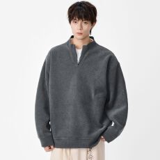 批发<b class='q'>秋</b>冬装立领套头卫衣男日系宽松半拉链纯色复古外套百搭休闲上衣