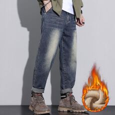 批发加绒加厚冬季新款牛仔裤<b class='q'>男</b>宽松日系哈伦直筒<b class='q'>男</b>士锁温保暖牛仔裤