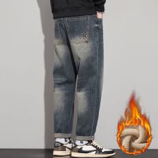 批发冬季加绒加厚保暖潮牌简约刺绣牛仔裤<b class='q'>男</b>宽松哈伦微锥直筒裤子