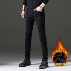 批发冬季加绒加厚修身弹力黑色牛仔裤<b class='q'>男</b>简约百搭小直脚保暖锁温长裤