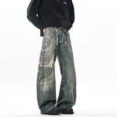 批发实拍2025秋<b class='q'>冬</b>新款潮牌3D印花弯刀牛仔裤男女中性款百搭显瘦加长版