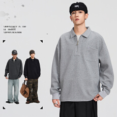 批发秋<b class='q'>冬</b>装新款POLO衫翻领半拉链潮流百搭休闲宽松透气卫衣男