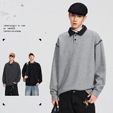 批发秋<b class='q'>冬</b>装新款美式潮牌复古Polo衫拼接潮流翻领卫衣男百搭套头上衣男