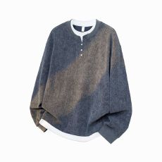 批发假两件男士卫衣X领亨利领拼接设计感结构复古男士上衣