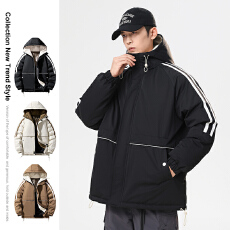 批发实拍冬季新款防水黑金连帽工装棉衣男士宽松百搭保暖加厚拼接棉服