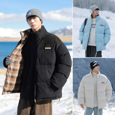 批发实拍冬季新款防水黑金连帽工装棉衣男士宽松百搭保暖加厚拼接棉服