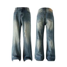 批发实拍秋冬重磅水洗破洞<b class='q'>潮</b>流2021M版型百搭牛仔裤男女宽松微喇长裤