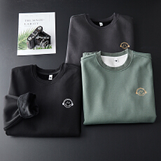 批发冬季加绒保暖<b class='q'>日系</b>潮牌卫衣男圆领<b class='q'>复古</b>套头百搭刺绣加厚锁温打底