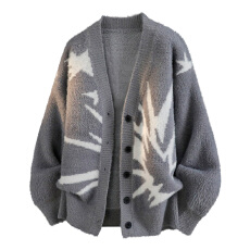 批发实拍秋冬新款潮牌开衫V领毛衣男士宽松百搭英伦风印花针织衫外套