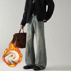 批发冬季加绒加厚美式复古牛仔裤男女中性款宽松微喇保暖御寒长裤