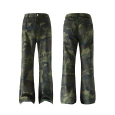 批发实拍秋<b class='q'>冬</b>新款美式高街100%纯棉迷彩微喇牛仔裤男女款百搭休闲长裤