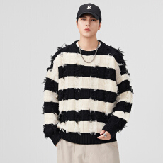 批发实拍2025秋冬新款潮牌破洞条纹毛衣男士<b class='q'>宽松</b>百搭懒惰风<b class='q'>针织衫</b>外套