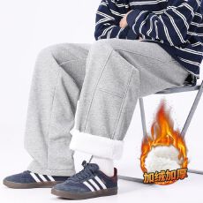 冬季加绒加厚保暖针织纯棉弯刀休闲卫裤男松紧腰直筒舒适锁温御寒