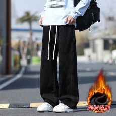 批发冬季加绒加厚牛仔裤男宽松阔腿拖地裤男潮流简约百搭保暖锁温裤子