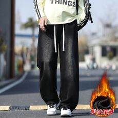 批发加绒加厚冬季保暖牛仔裤男宽松直筒松紧腰水洗马骝潮流百搭休闲裤
