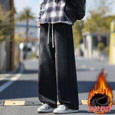 批发冬季加绒加厚新款潮流牛仔裤男松紧腰宽松百搭复古保暖锁温阔腿裤