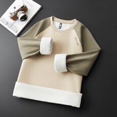 冬季加绒加厚保暖潮牌拼接刺绣卫衣男宽松百搭锁温保暖打底上衣