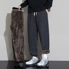 批发冬季加绒保暖灯芯绒复合黑金羊羔绒松紧腰束脚休闲卫裤男加厚锁温