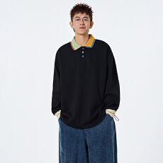 批发实拍2025秋季新款卫衣男套头翻领撞色潮流宽松休闲帅气长袖<b class='q'>T</b><b class='q'>恤</b>