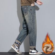 批发加绒加厚冬季新款宽松<b class='q'>哈伦</b>牛仔<b class='q'>裤</b>男士微锥小直筒复古保暖牛仔<b class='q'>裤</b>