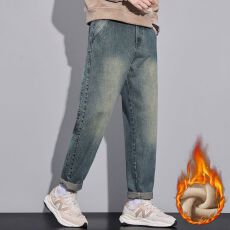 批发加绒加厚冬新款休闲百搭简约刺绣牛仔裤<b class='q'>男士</b>宽松微锥保暖长裤