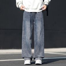 2026春季新款美式复古牛仔裤男宽松直筒半松紧腰潮流韩版阔腿裤子