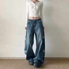 2026春季韩国潮牌五星刺绣复古水洗宽松直筒弧形弯刀牛仔裤男女款
