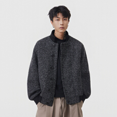 批发实拍秋<b class='q'>冬</b>新款潮牌针织呢子立领夹克外套男宽松百搭潮流排扣设计