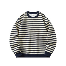 批发实拍秋冬新款高级感条纹卫衣男宽松舒适套头圆领长袖T恤上衣