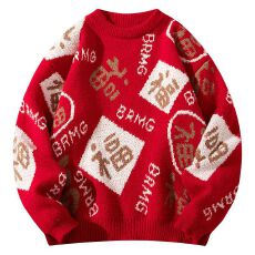 贺岁款红色喜庆福字满印圆领毛衣男冬季加厚针织衫情侣线衣百搭