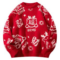 贺岁款红色喜庆发财满印圆领毛衣男冬季加厚保暖针织衫情侣线衣
