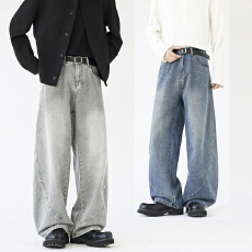 批发2026春季新款美式弯刀水洗牛仔裤宽松复古潮牌直筒阔腿长裤男