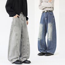 批发2026春季新款美式弯刀水洗拼接牛仔裤宽松复古潮牌直筒阔腿长裤男