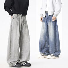 批发2026春季新款美式弯刀水洗牛仔裤宽松复古潮牌直筒阔腿长裤男